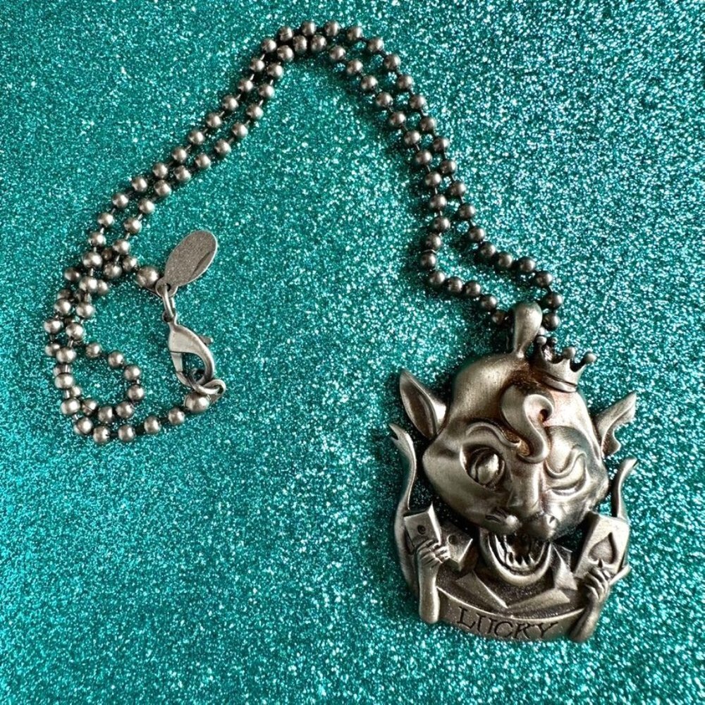 Lucky Kool cat gun metal punk necklace NWT